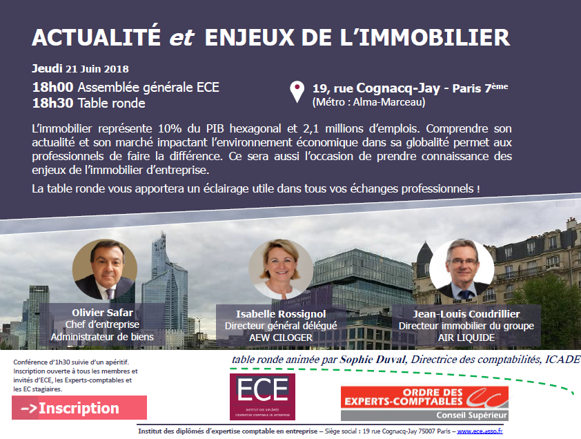 Conférence/Débat : ACTUALITE et ENJEUX DE L'IMMOBILIER - 21 juin 2018 - Paris